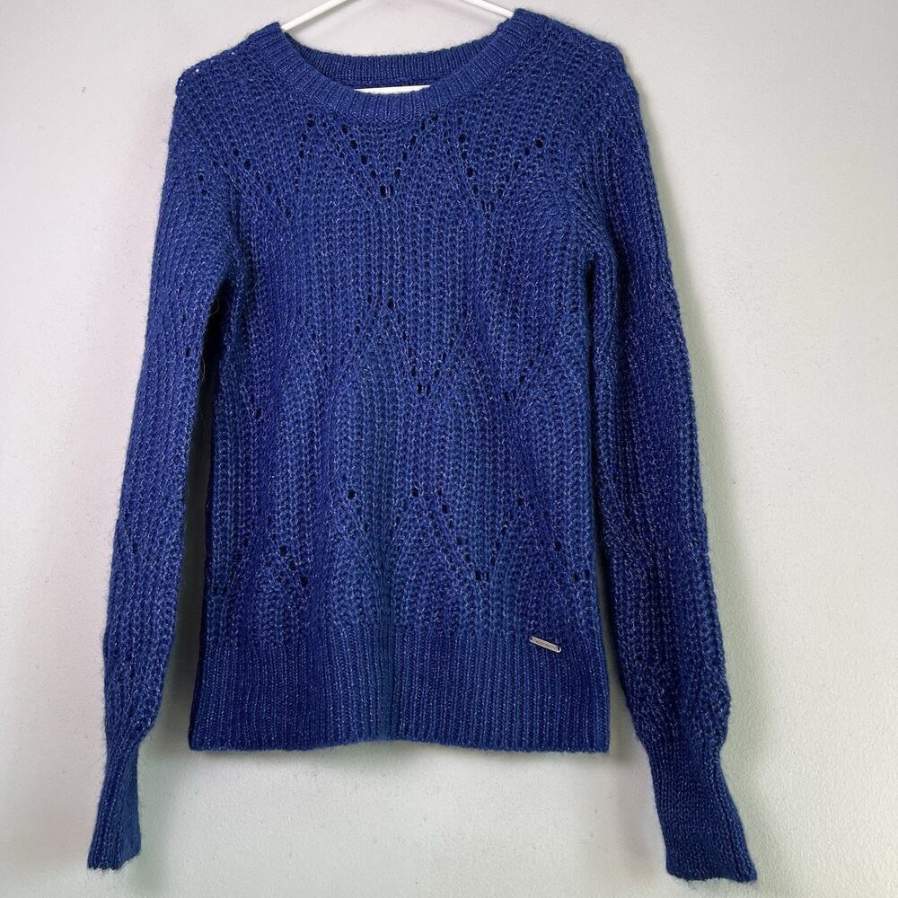 A & F Womens Wool Alpaca Blend Open Knit Crew Neck Sweater Sz S Royal Blue Lofty